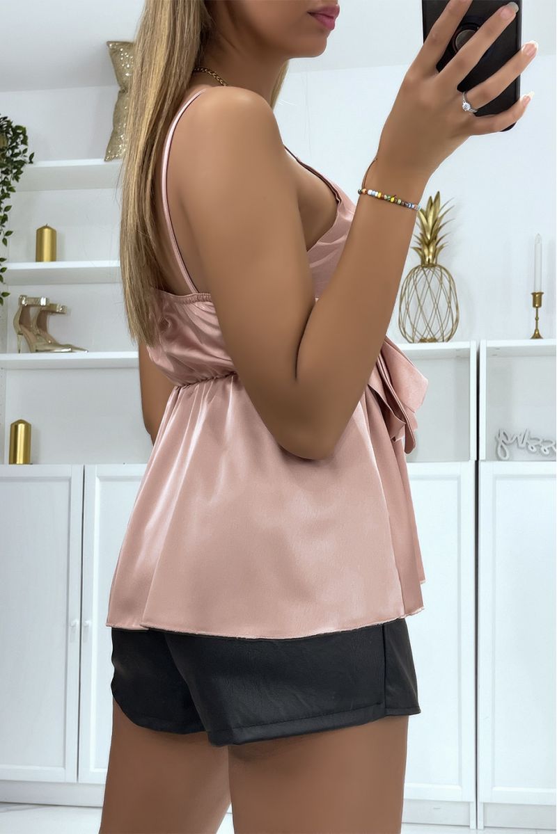 Pink satin wrap top with bow - 4