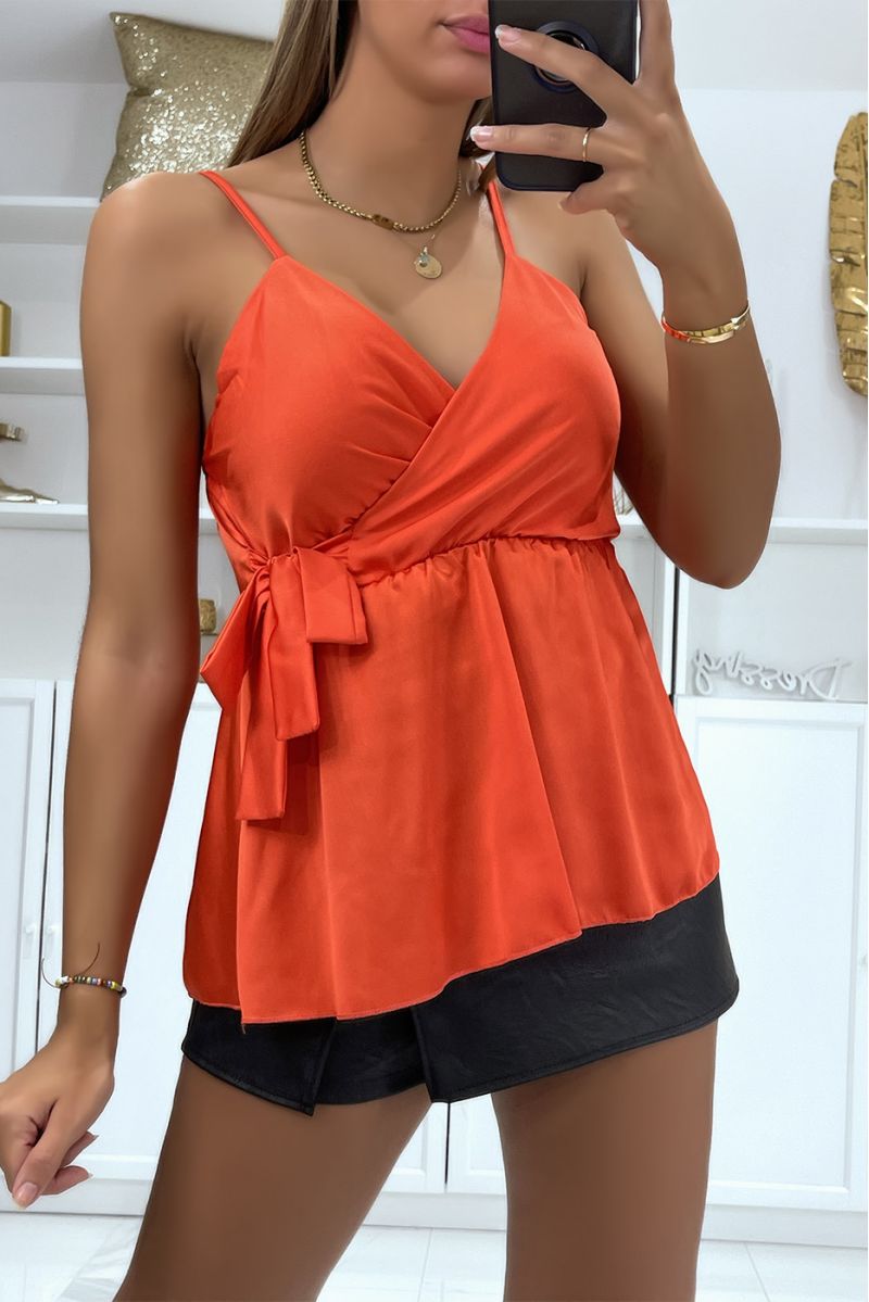 Satiny coral wrap tank top with bow - 1