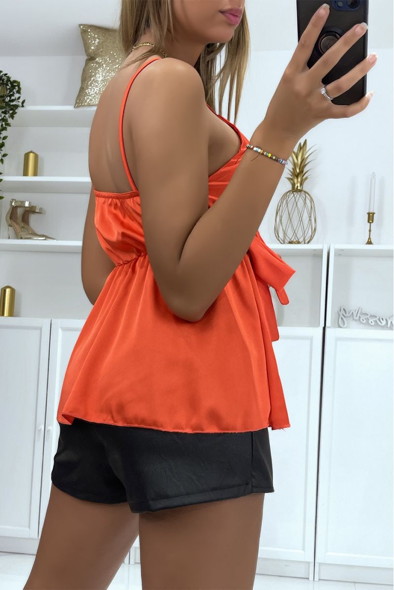 Satiny coral wrap tank top with bow - 3