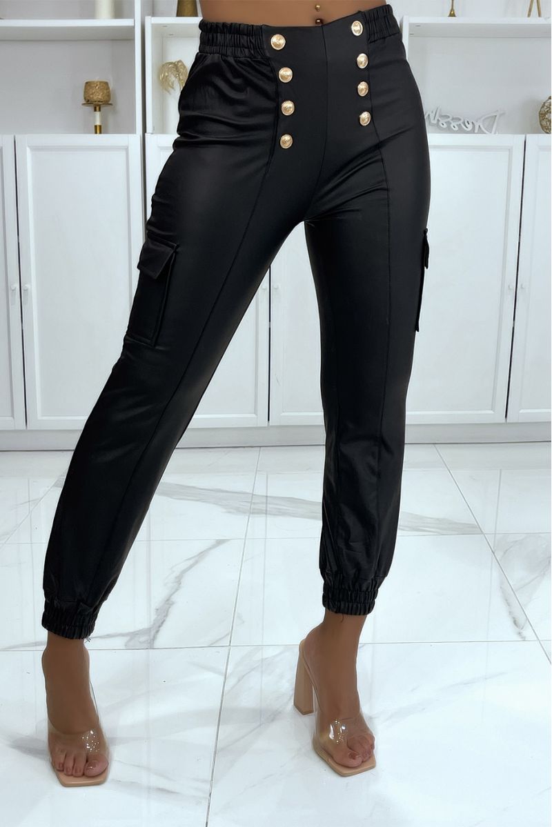 Black faux leather joggers with gold buttons - 1