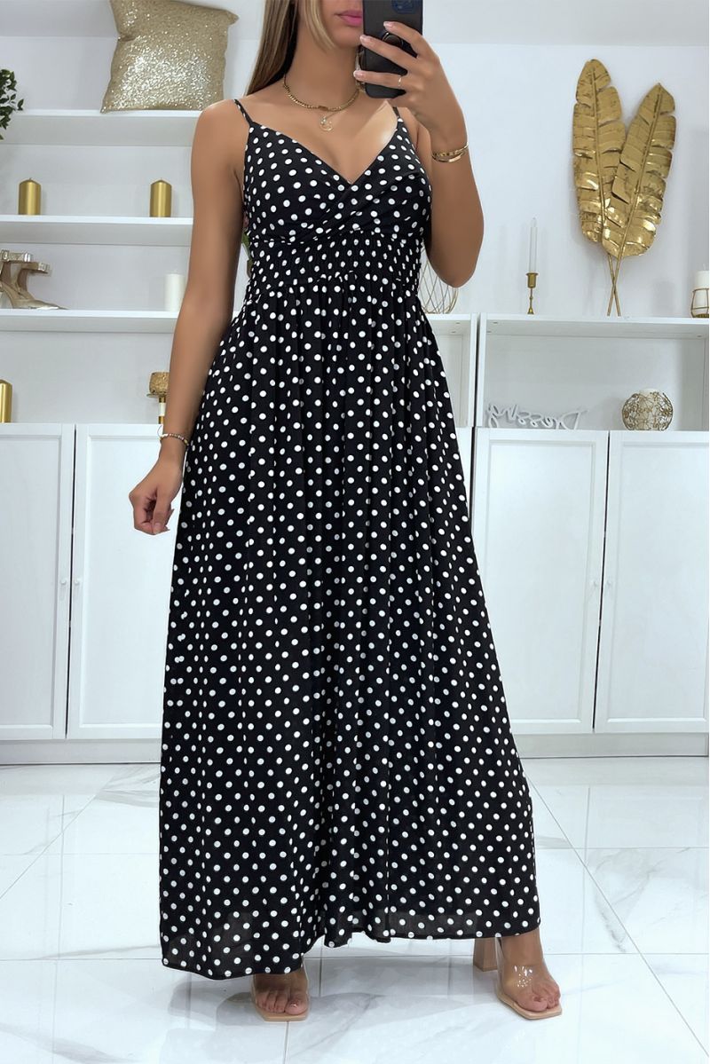 Long black and white polka dot dress with removable strap - 1