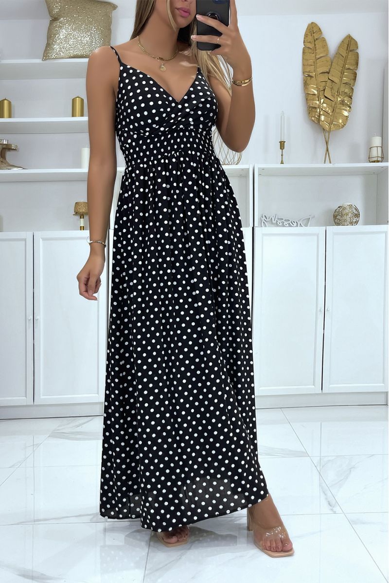 Long black and white polka dot dress with removable strap - 2