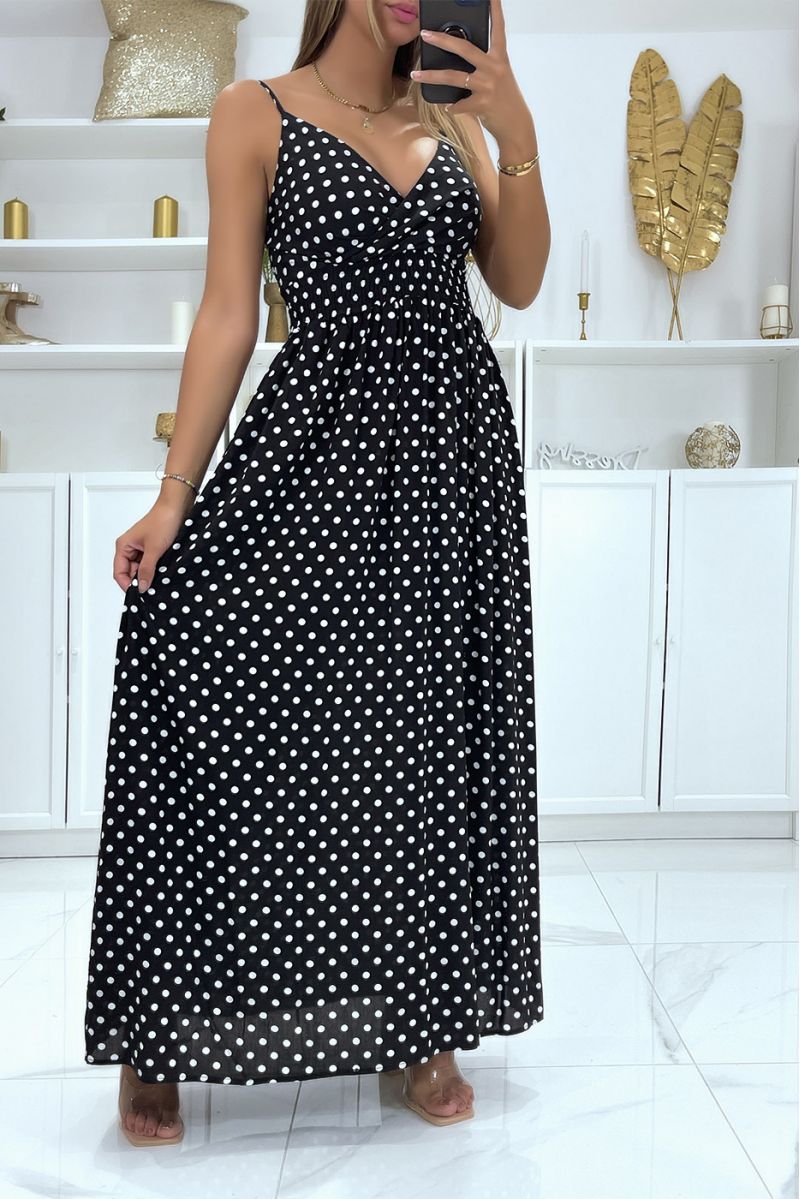 Long black and white polka dot dress with removable strap - 3