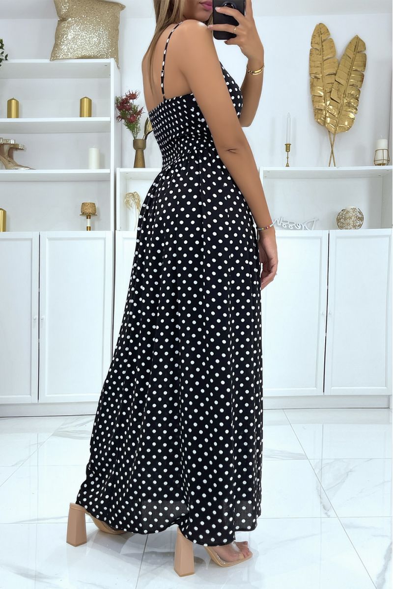 Long black and white polka dot dress with removable strap - 4
