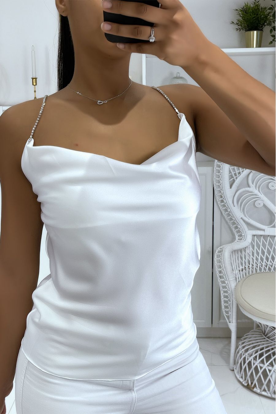 White satin tank top with rhinestone strap and drop collar