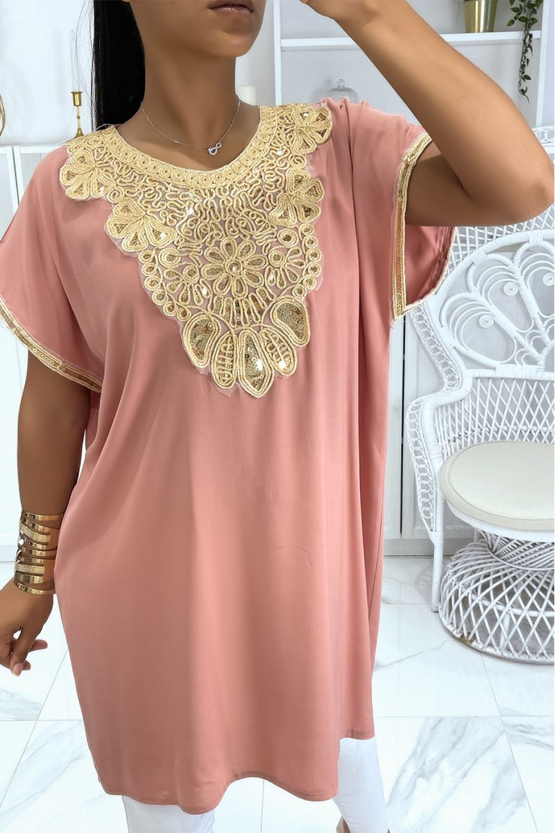 Moroccan collar pink tunic with sublime sequined accessory - 1