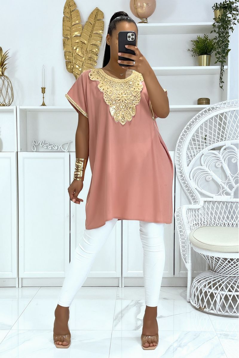 Moroccan collar pink tunic with sublime sequined accessory - 3