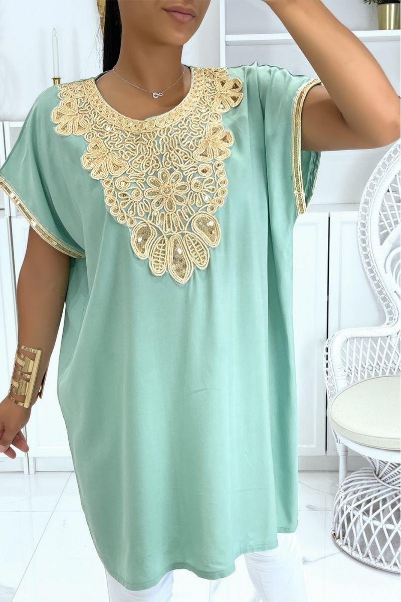 Green moroccan collar tunic with sublime sequined accessory - 1