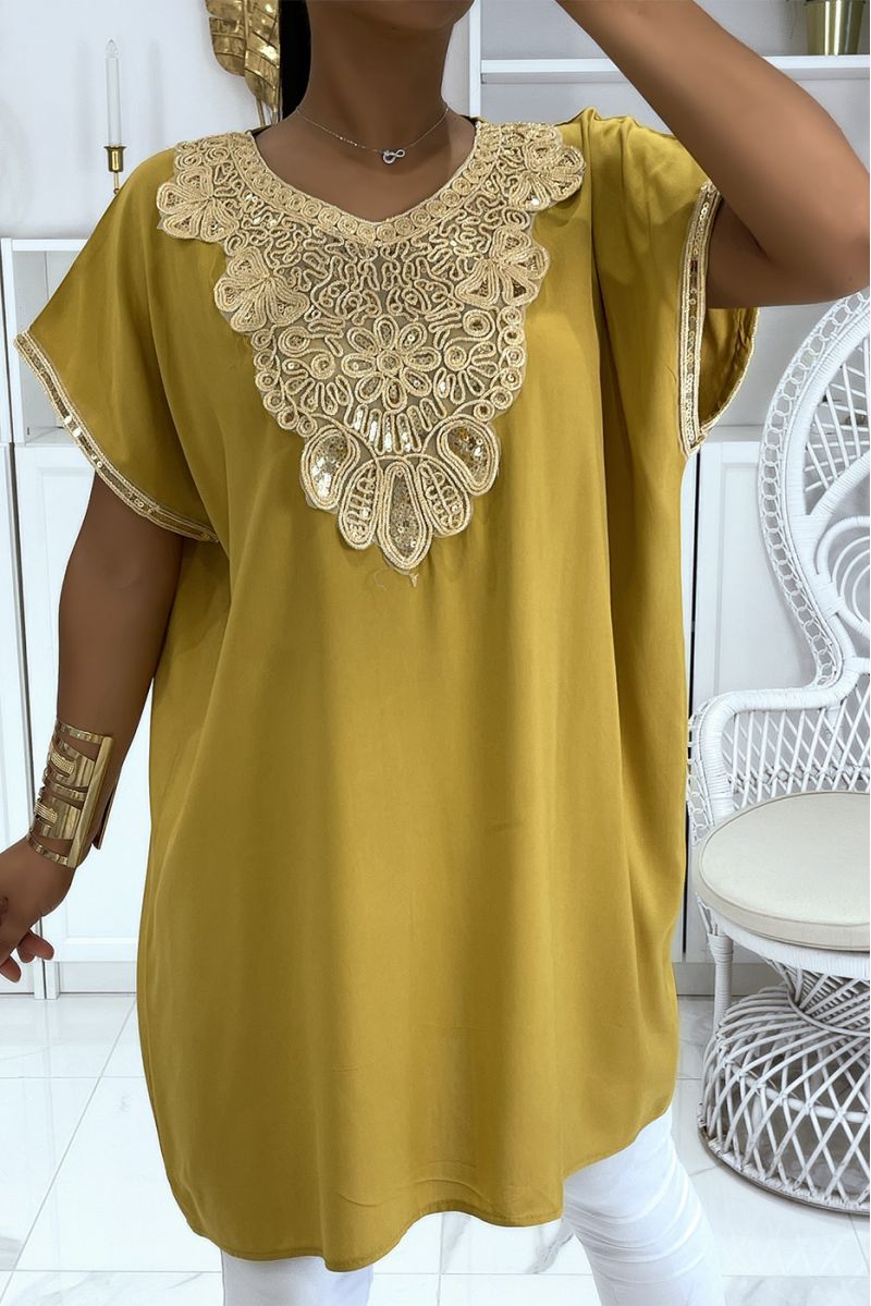 Moroccan collar mustard tunic with sublime sequined accessory - 1