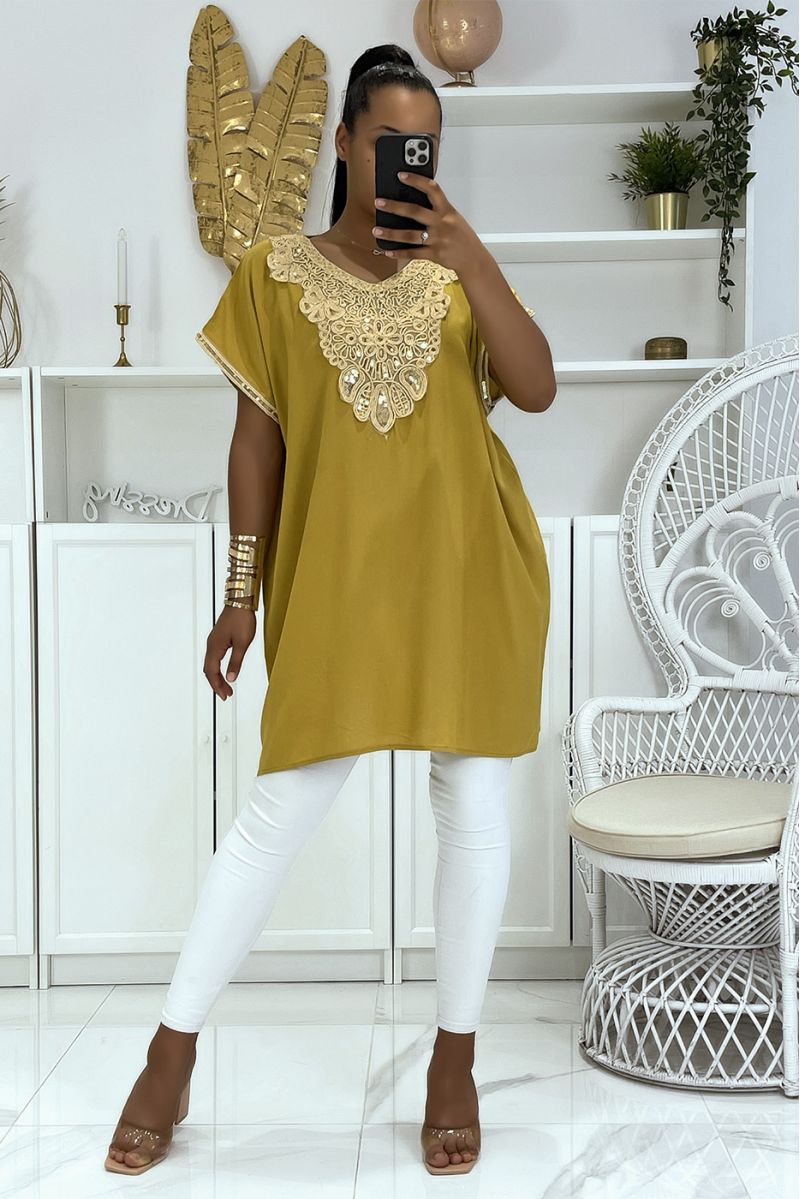 Moroccan collar mustard tunic with sublime sequined accessory - 3