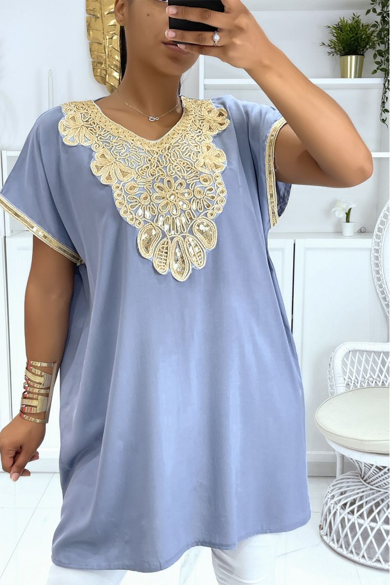 Moroccan collar blue tunic with sublime sequined accessory - 1