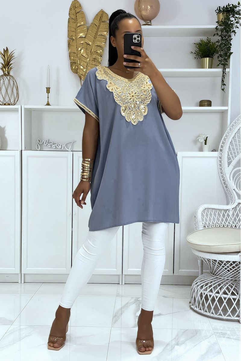 Moroccan collar blue tunic with sublime sequined accessory - 3