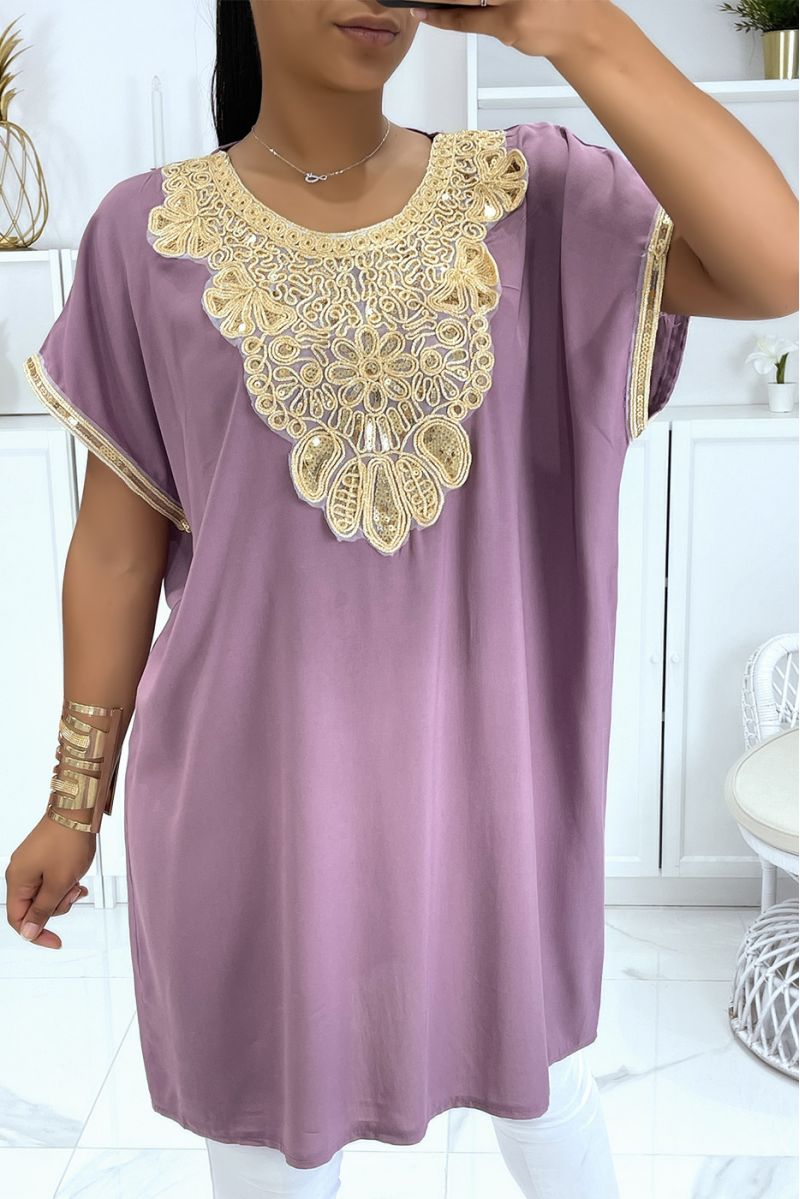 Moroccan collar lilac tunic with sublime sequined accessory - 1