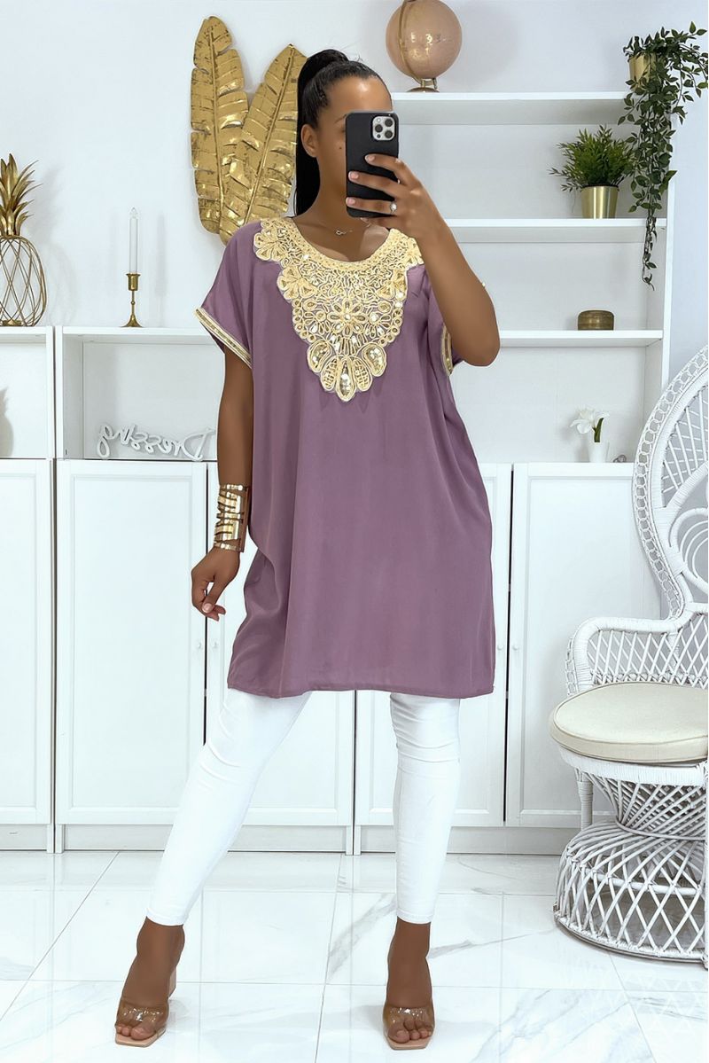 Moroccan collar lilac tunic with sublime sequined accessory - 3
