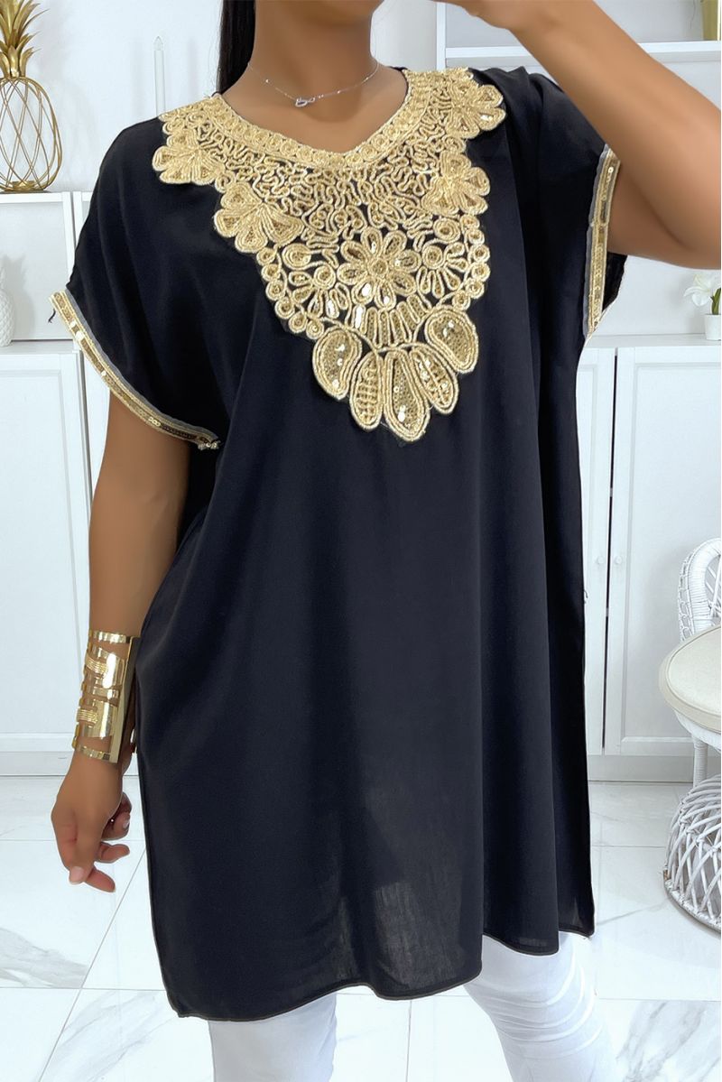 Black moroccan collar tunic with sublime sequined accessory - 1