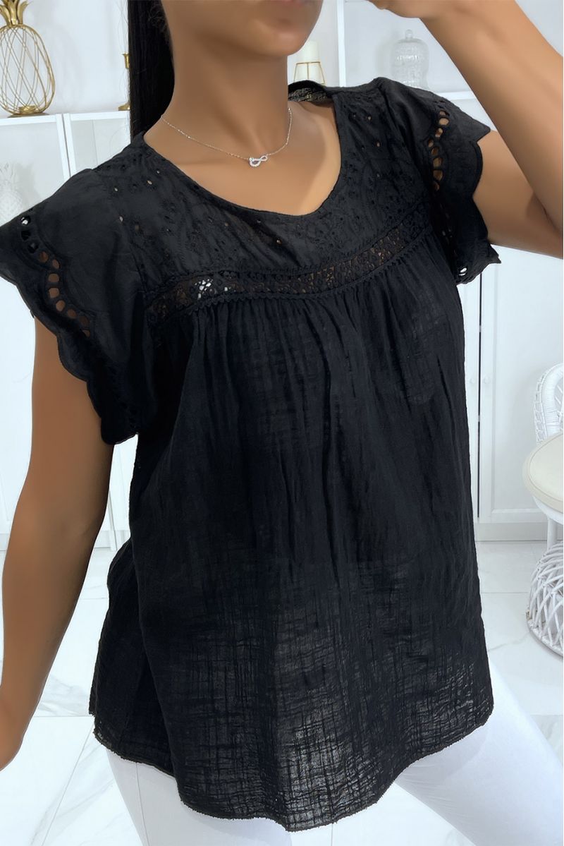 Black cotton top with embroidery and gathers - 1