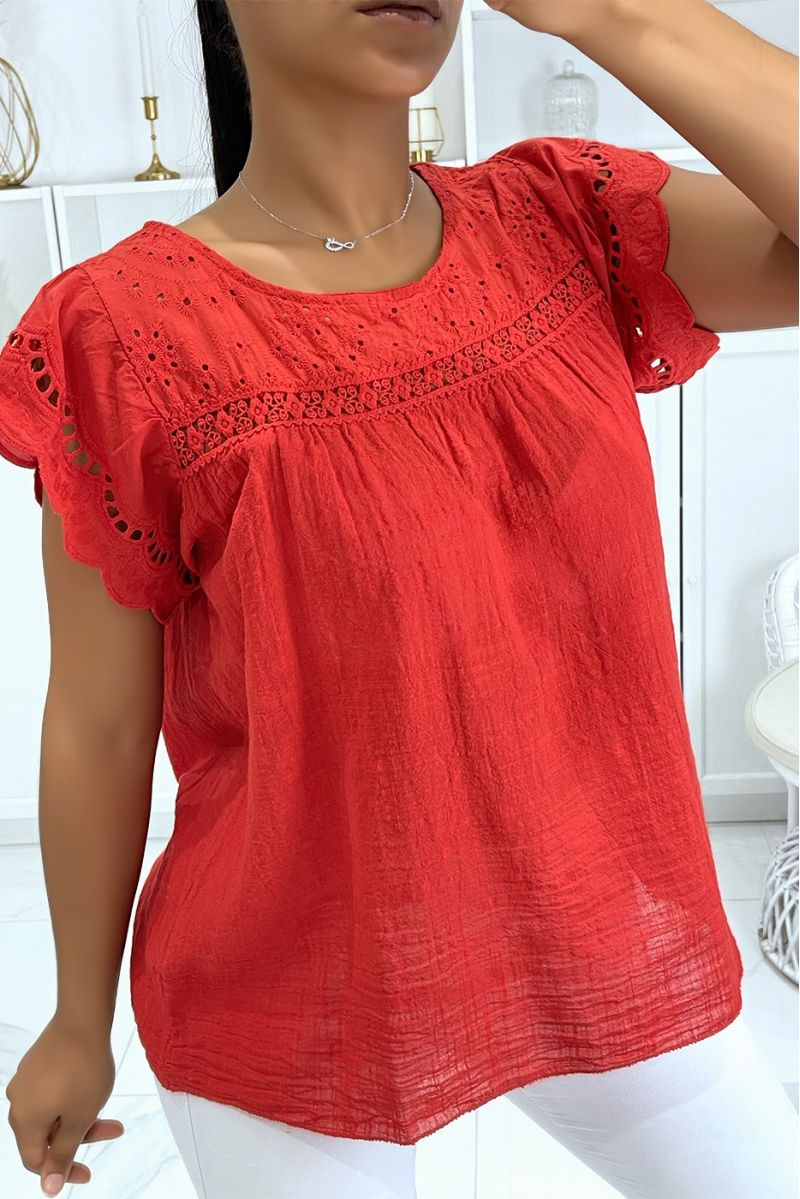 Red cotton top with embroidery and gathers - 1
