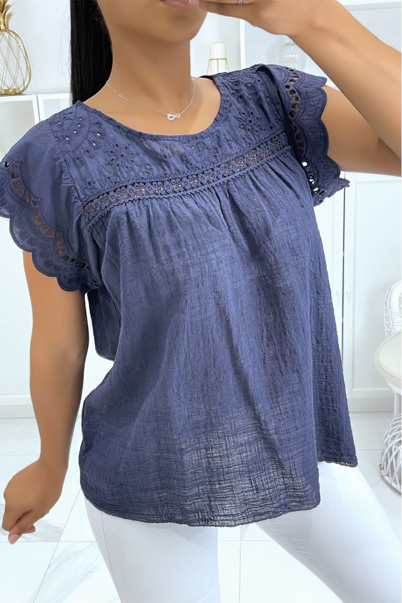 Navy cotton top with embroidery and gathers - 1