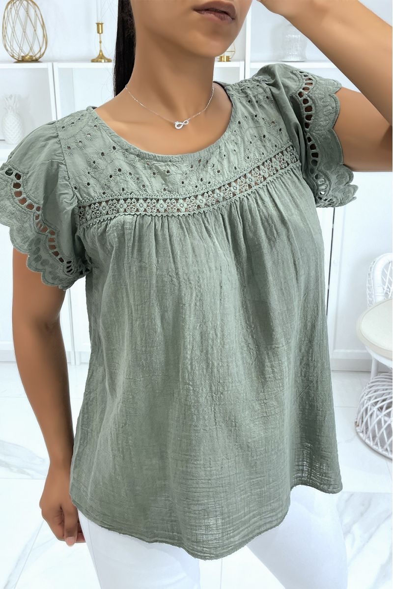 Khaki cotton top with embroidery and gathers - 1