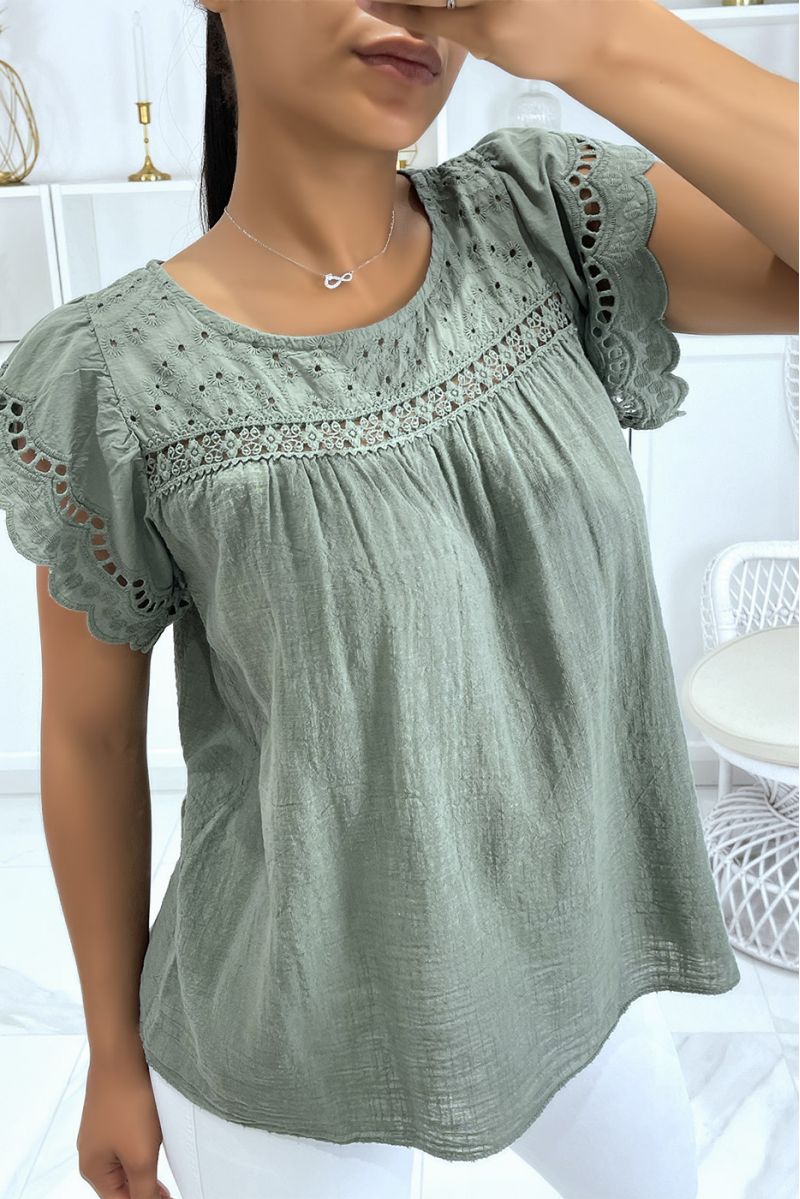 Khaki cotton top with embroidery and gathers - 2