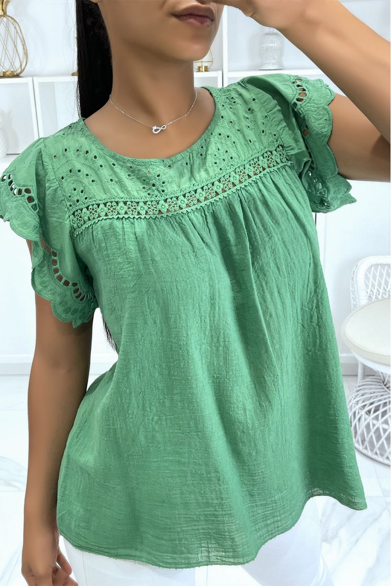 Green cotton top with embroidery and gathers - 1