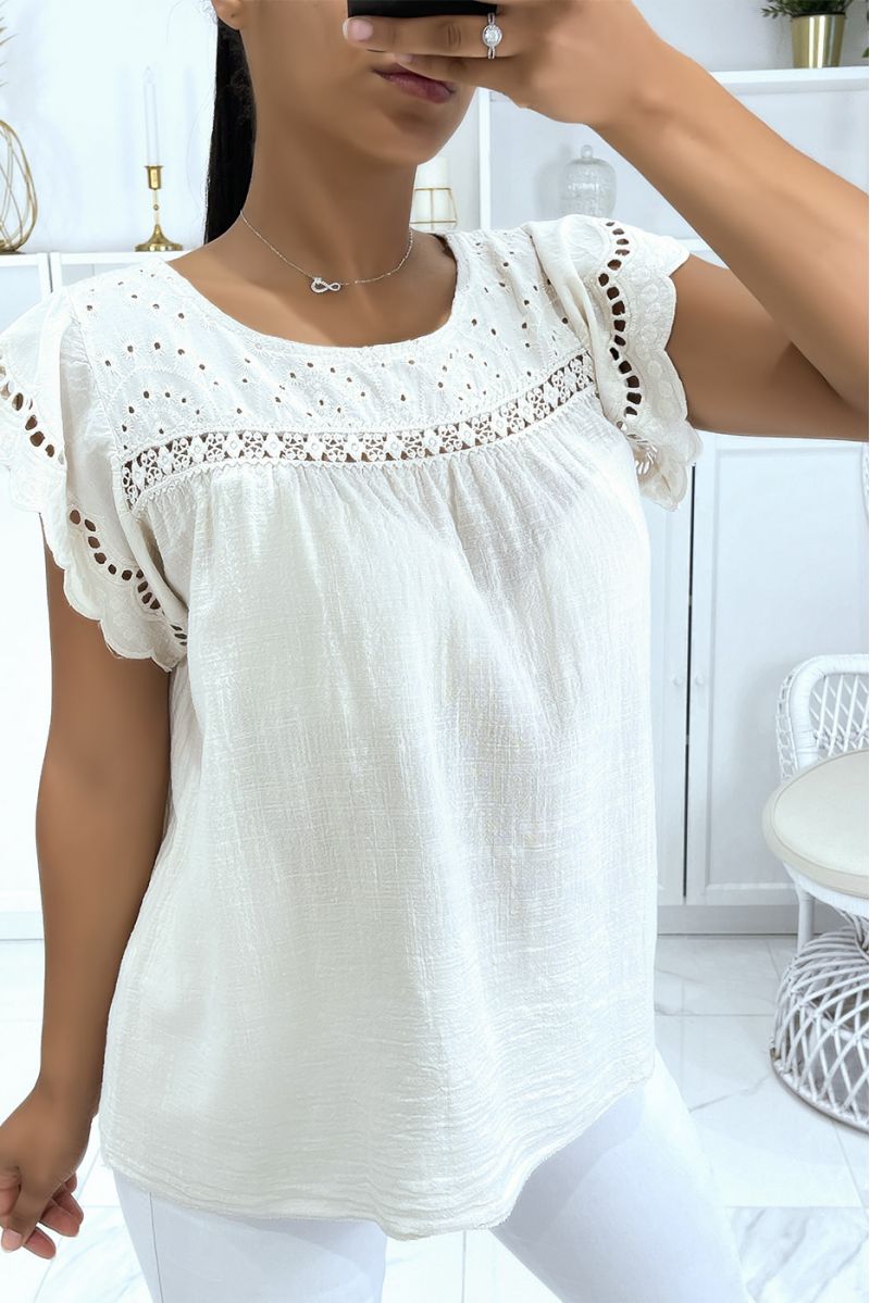 Beige cotton top with embroidery and gathers - 1