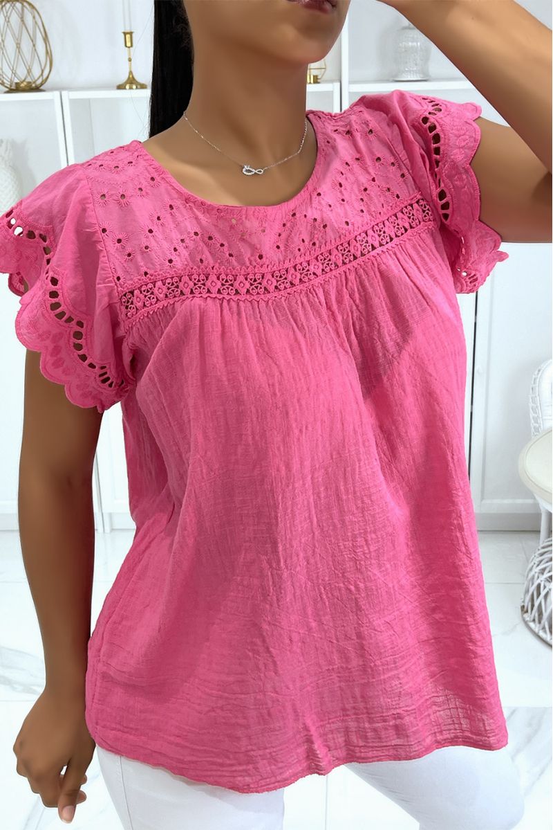 Fuchsia cotton top with embroidery and gathers - 1