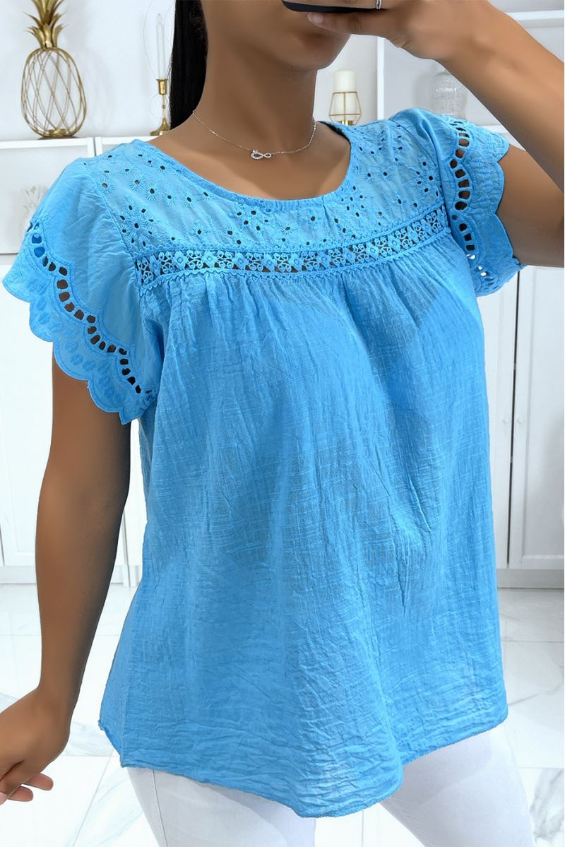 Blue cotton top with embroidery and gathers - 1
