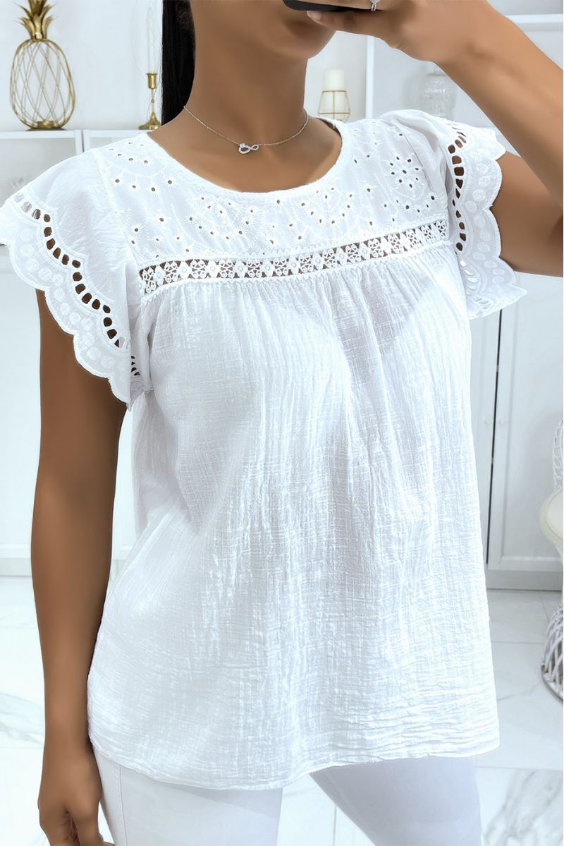 Witte katoenen top met borduursels en plooien - 1