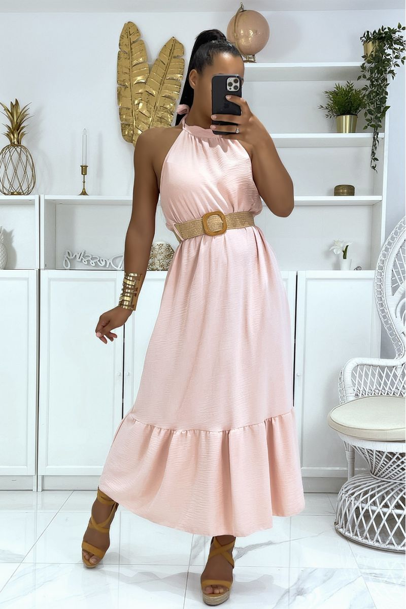 Lange roze jurk met ronde hals en riem in boho-chique stijl met stroeffect - 2