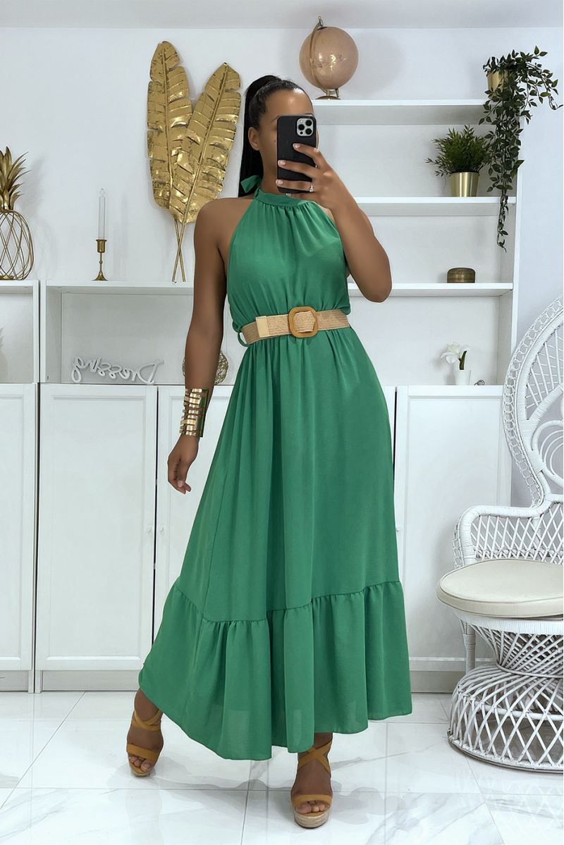 Long green dress with round neck and boho chic style straw effect belt - 1