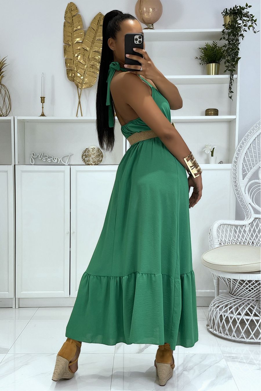 Robe longue verte à col rond à ceinture effet paille style bohème chic  - 2