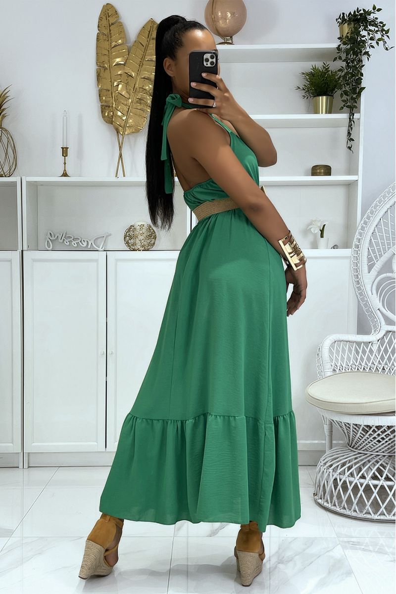 Long green dress with round neck and boho chic style straw effect belt - 2