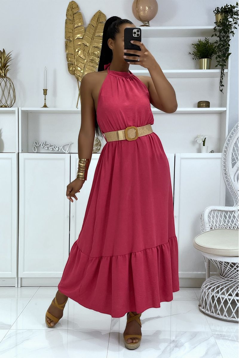 Lange fuchsia jurk met ronde hals en riem met stroeffect in bohemian chique stijl - 1