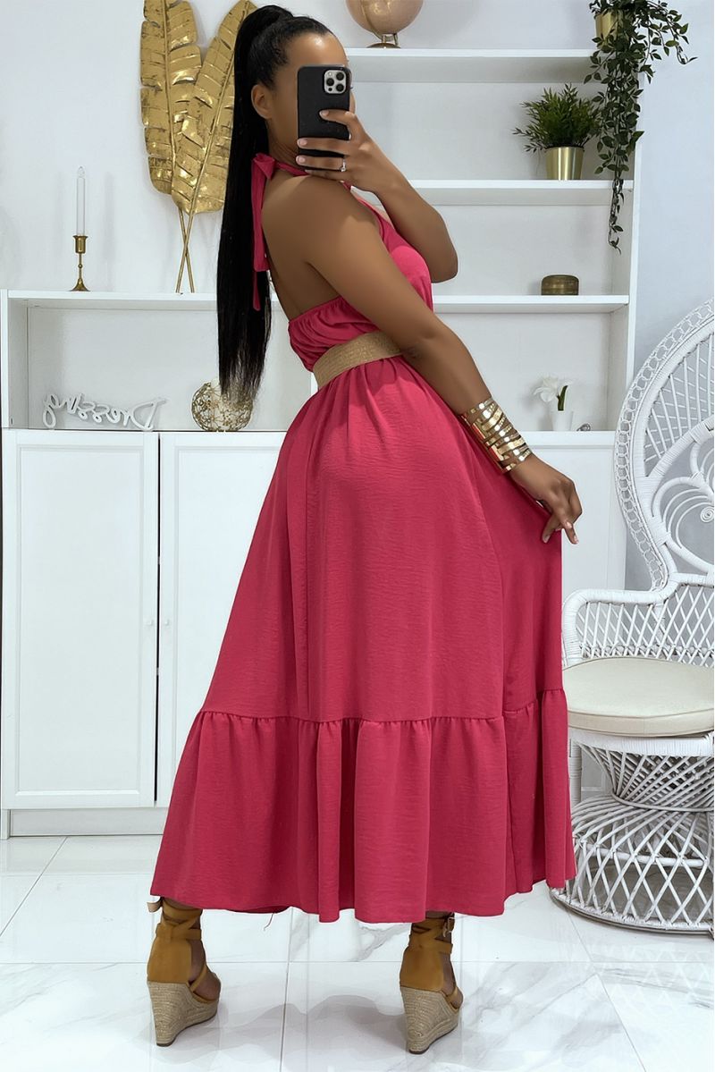 Long fuchsia dress with round neck and straw-effect belt in bohemian chic style - 2