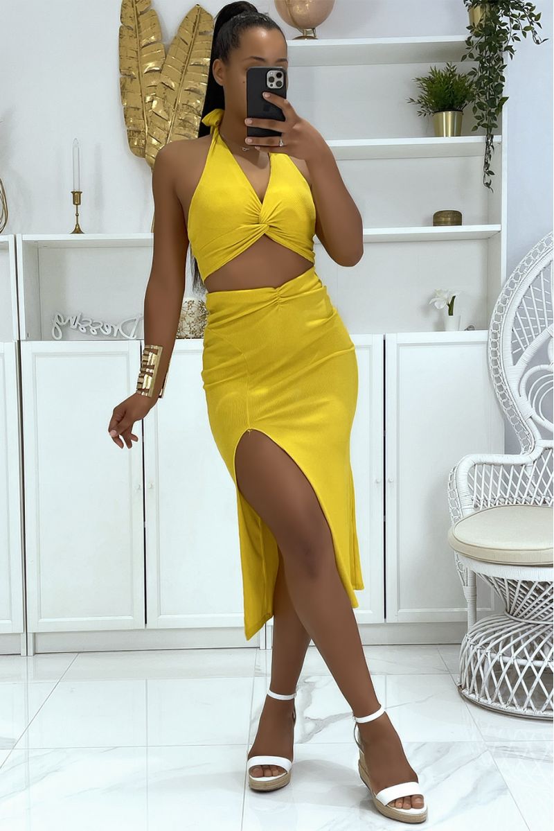 Mustard ribbed material set with crossed bustier and 3/4 skirt - 3