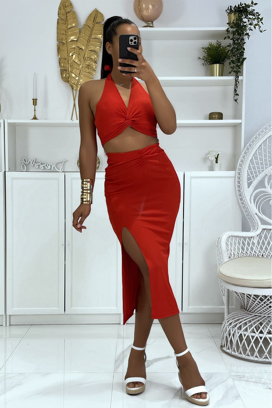 Rode geribbelde stoffen set met gekruiste bustier en 3/4 rok - 2