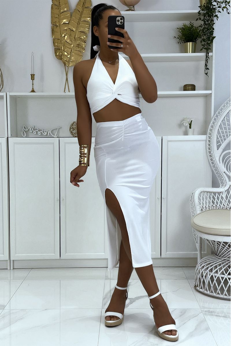 White ribbed material set with crossed bustier and 3/4 skirt - 2