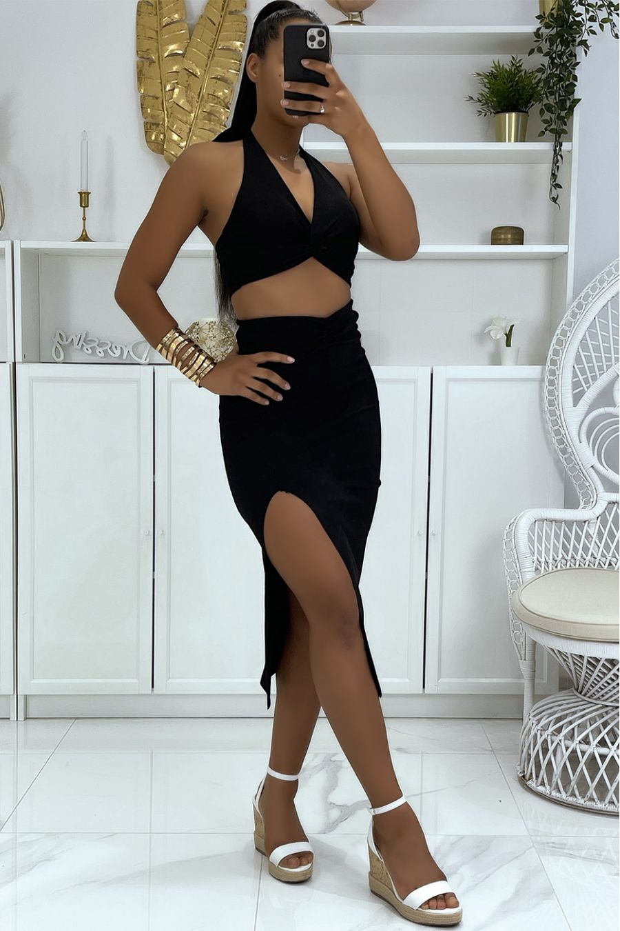 Ensemble matière côtelé noir avec bustier croisé et jupe 3/4  - 1