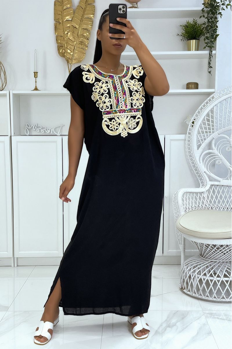Lange jurk, zwarte djellaba met mooi oosters patroon versierd met strass - 1