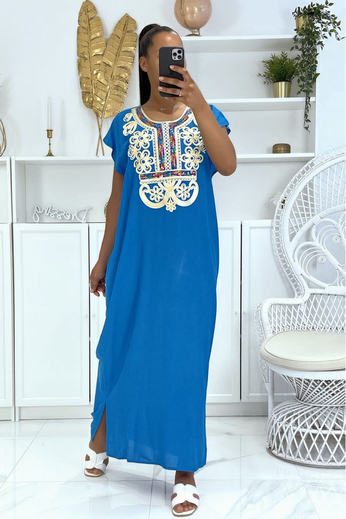 Long dress turquoise djellaba with pretty oriental pattern adorned with rhinestones