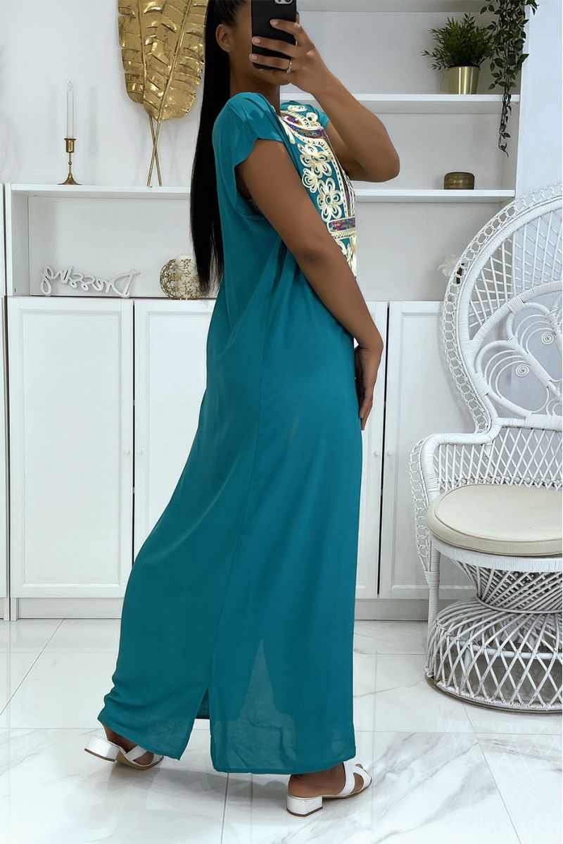 Long dress, green djellaba with pretty oriental pattern adorned with rhinestones - 2