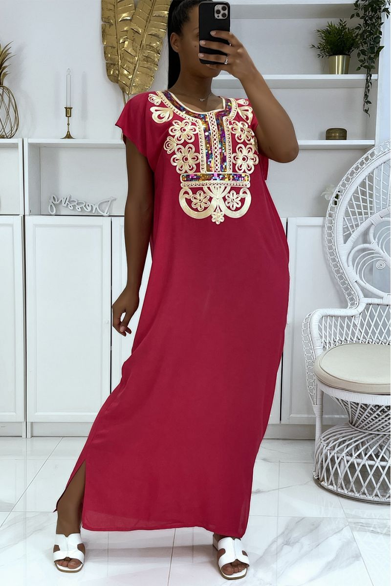 Long dress, fuchsia djellaba with pretty oriental pattern adorned with rhinestones - 1