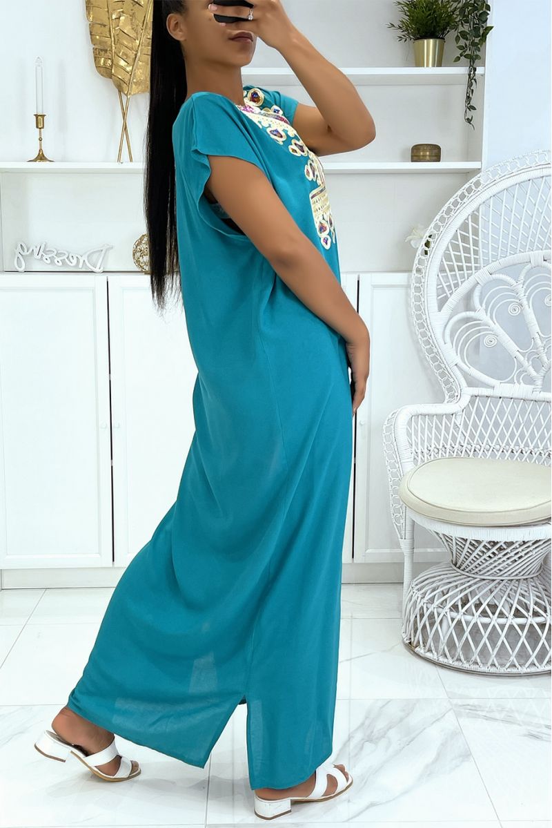 Lange zomerjurk, groene djellaba met mooi oosters patroon versierd met strass - 2