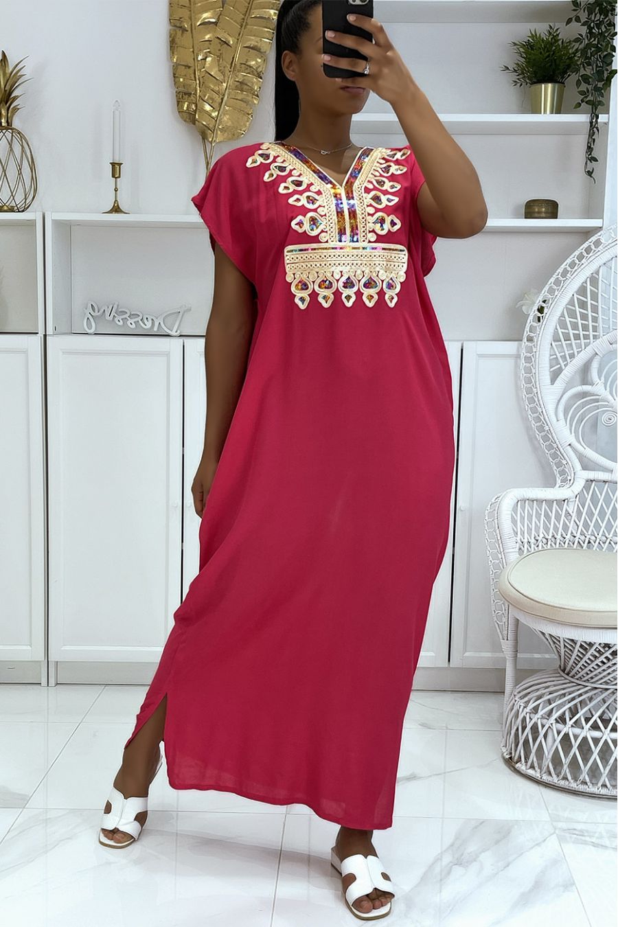 Long summer dress, fuchsia djellaba with pretty oriental pattern adorned with rhinestones - 1