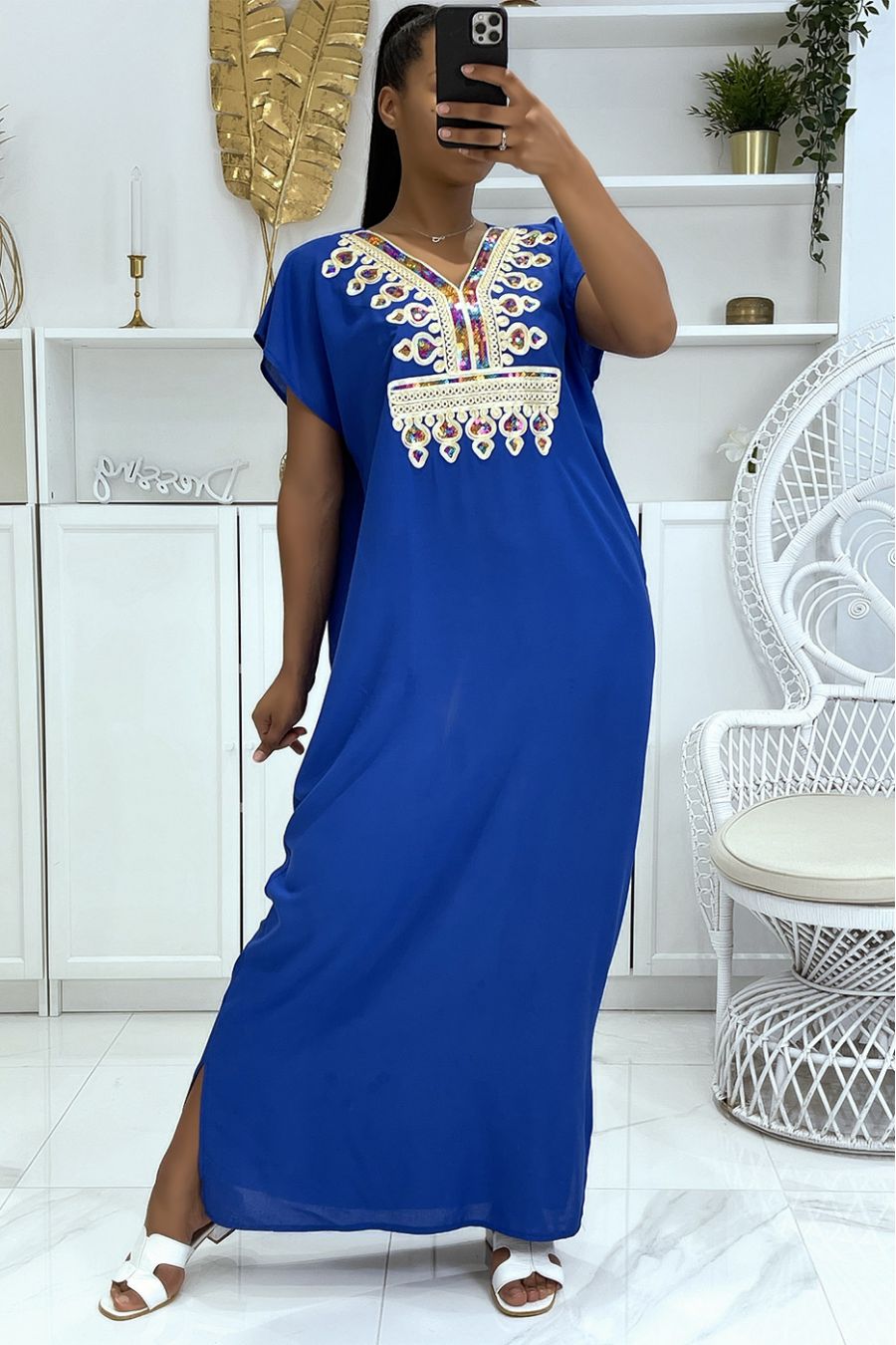 Lange zomerjurk, koninklijke djellaba met mooi oosters patroon versierd met strass - 1