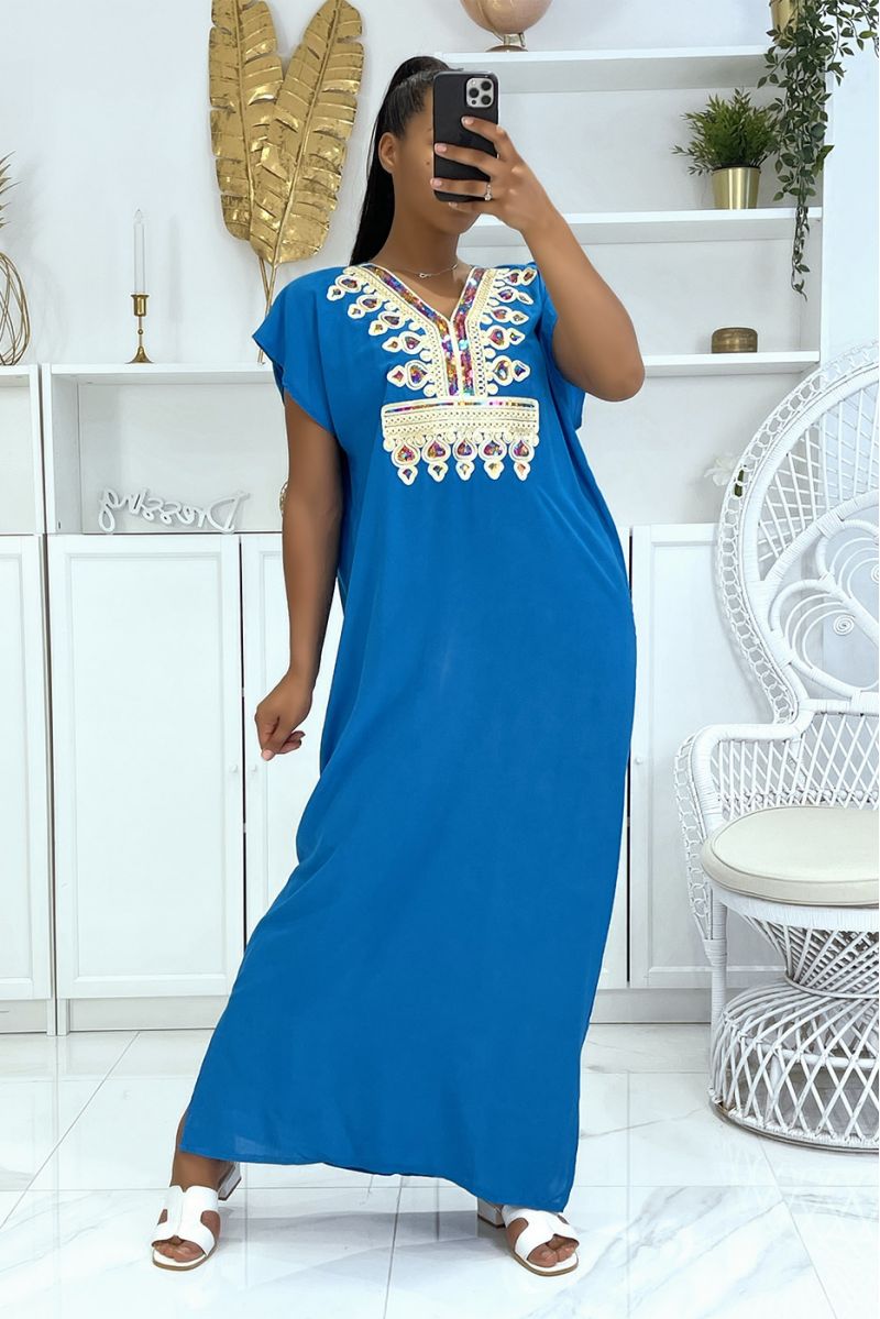 Long summer dress, turquoise djellaba with pretty oriental pattern adorned with rhinestones - 1