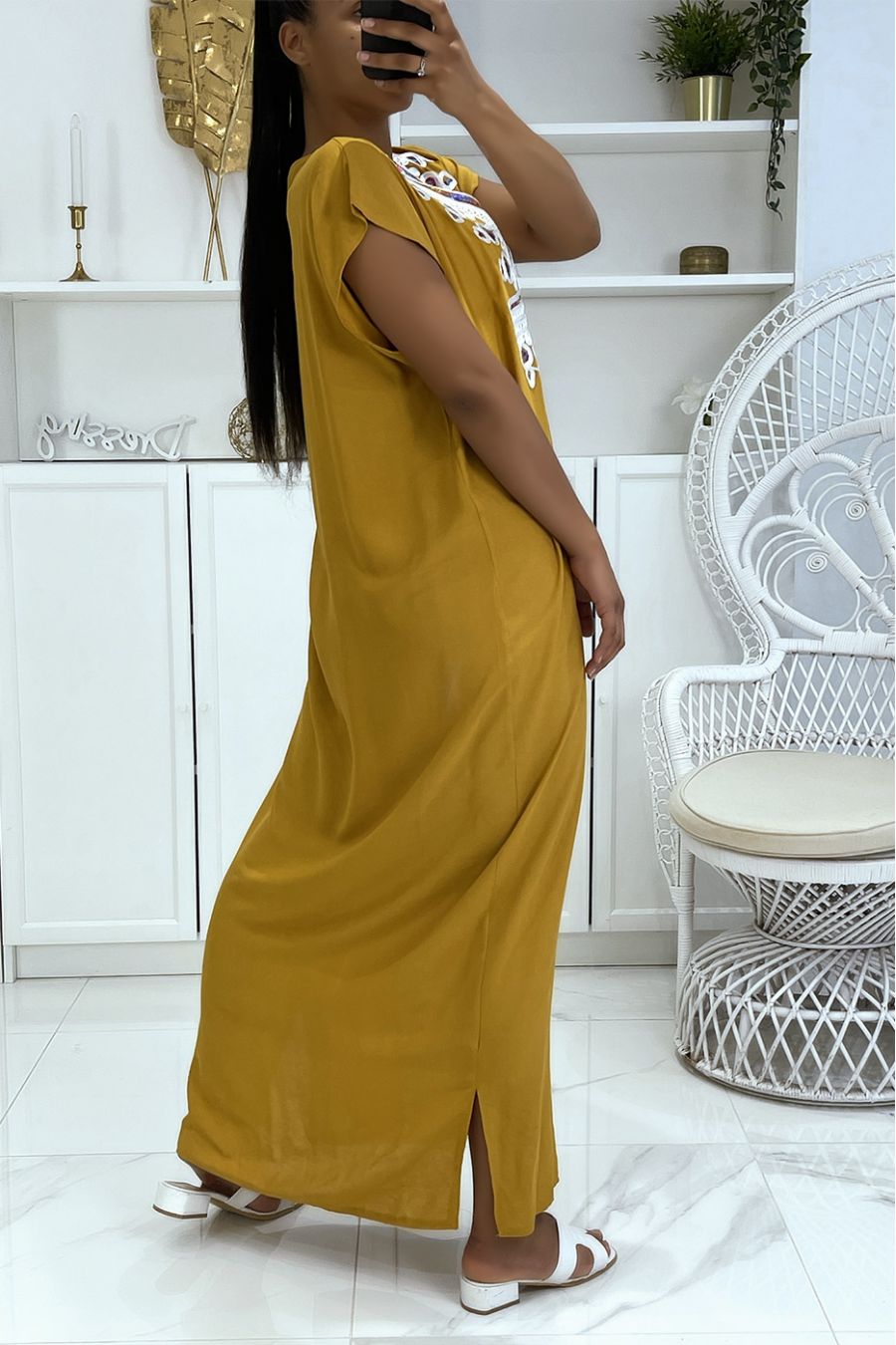 Long summer dress, mustard djellaba with pretty oriental pattern decorated with rhinestones - 2