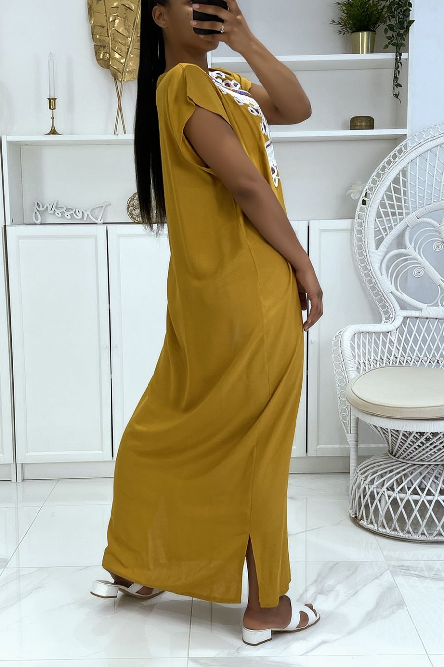 Long summer dress, mustard djellaba with pretty oriental pattern decorated with rhinestones - 3