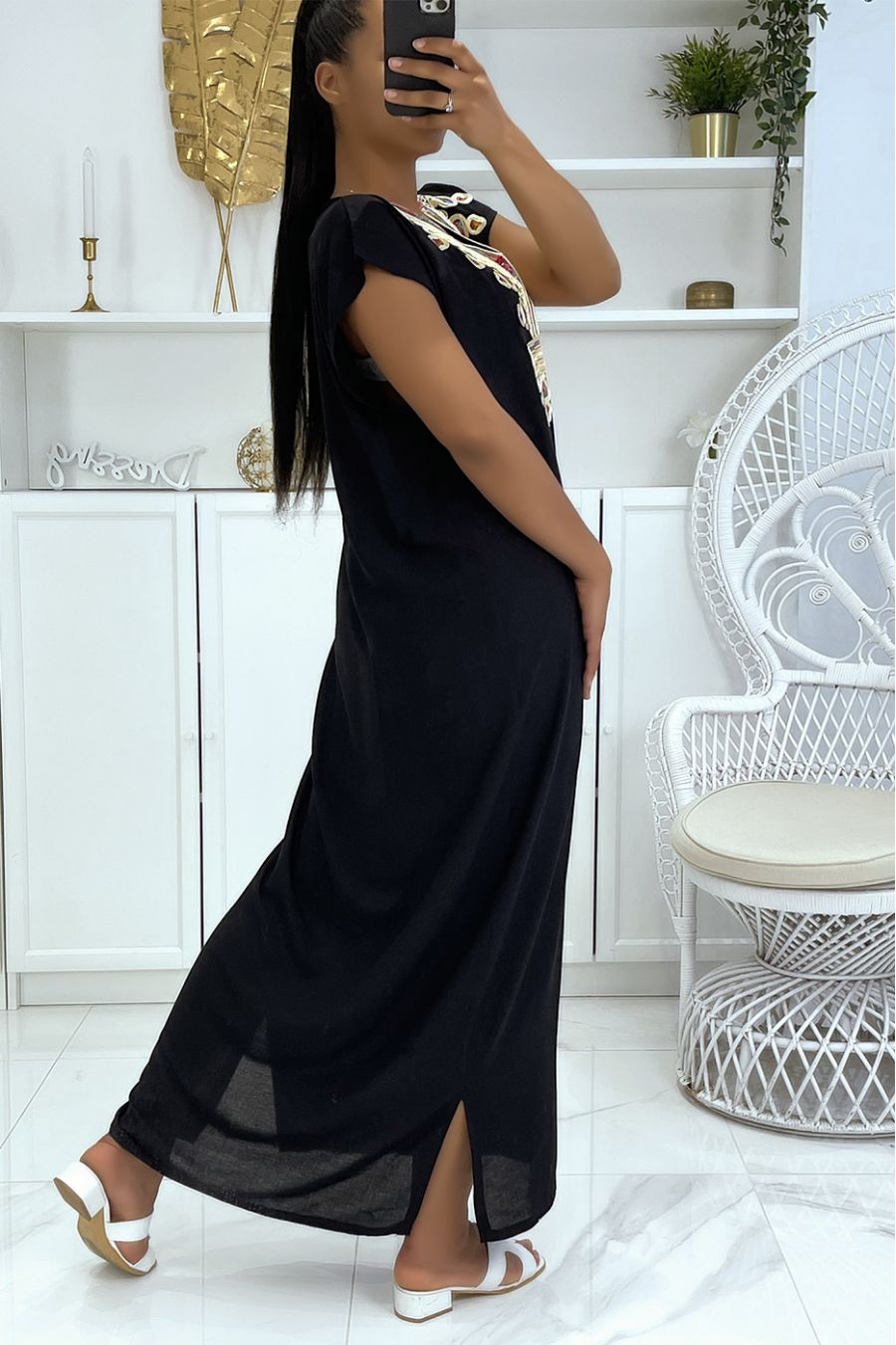 Long summer dress, black djellaba with pretty oriental pattern adorned with rhinestones - 2